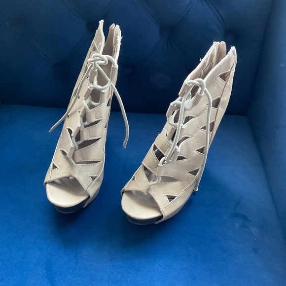 Shoe Dazzle Shoes - Self Tie Tan Wedge Heels